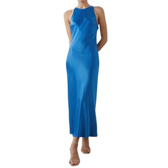 NEW Rails cobalt blue silky satin open tie back Solene midi dress size large - Picture 1 of 9